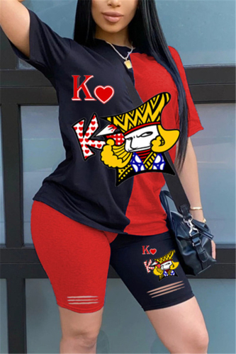 PrintK Fashion Playing Cards Printed T-shirt Shorts Black Red Set