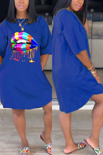 Blue Fashion Casual Lip Print Loose Dress