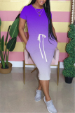Purple Fashion Gradient Printed Short Sleeve Dress