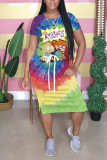 Colorful Rainbow Color Casual Printed Short-sleeved Midi Dress