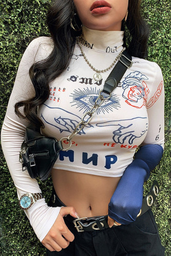 Apricot Fashion Print Stitching Turtleneck T-shirt