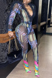 Pink Fashion Sexy Print Perspective Long Sleeve Jumpsuit