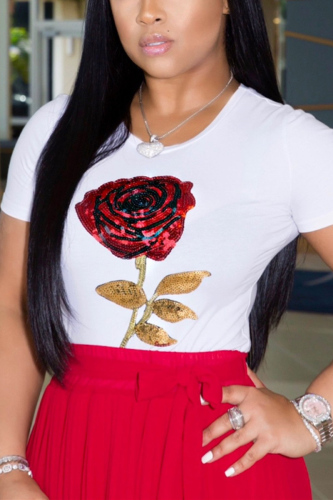 White Fashion Sequined Short Sleeve T-Shirt