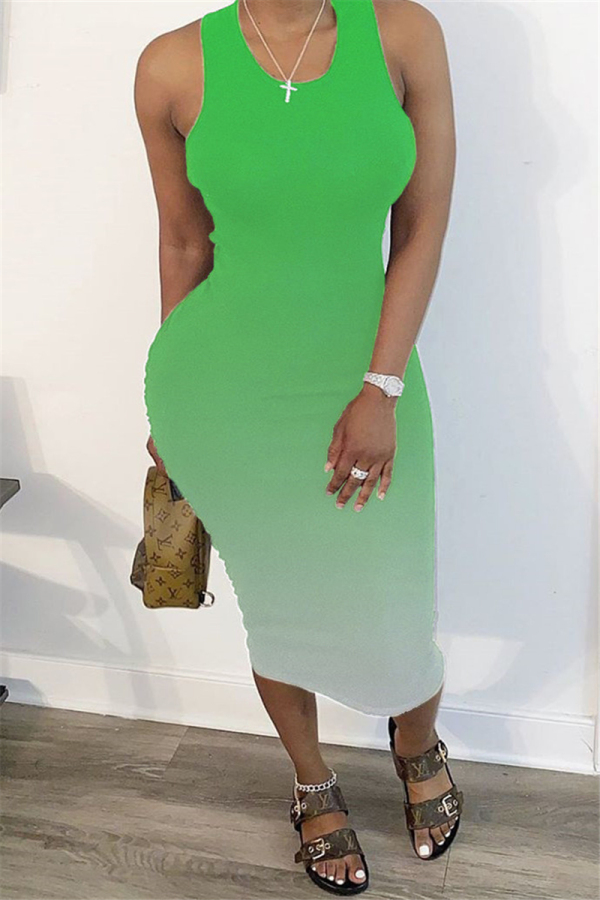 Green Fashion Gradient Print Sleeveless Dress