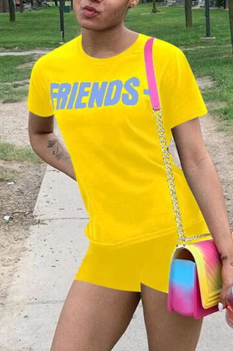 Yellow Fashion Casual Printed Short Sleeve Shorts Set
