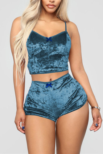 Blue Sexy Solid Two Piece Suits Straight Sleeveless