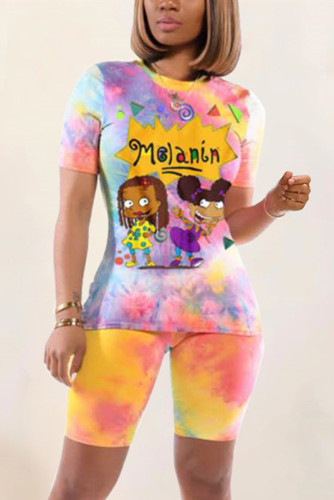 Yellow Fashion Casual Printed Short Sleeve Shorts Set