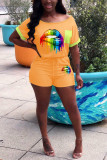 Black Casual Rainbow Lips Printed Short Sleeve Tops Shorts Two Piece Set