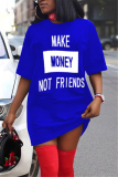 Blue Fashion Casual Letter Printed Loose Dress