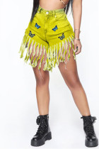 Yellow Fashion Casual Printed Denim Shorts