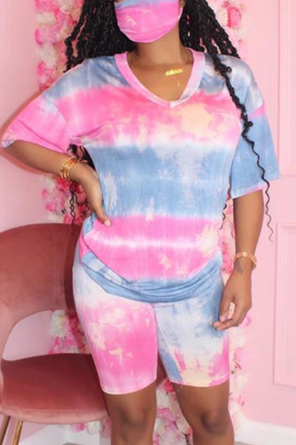 Pink Fashion Casual Printed Short Sleeve Shorts Set