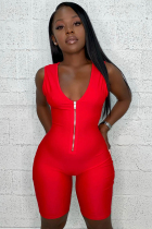 Red Sexy Fashion zipper Patchwork Solid Sleeveless V Neck Rompers