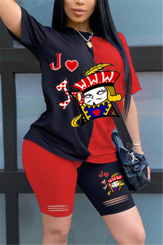 PrintJ Fashion Playing Cards Printed T-shirt Shorts Black Red Set