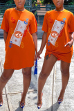 Orange Sexy Cap Sleeve Short Sleeves O neck Step Skirt Knee-Length Print
