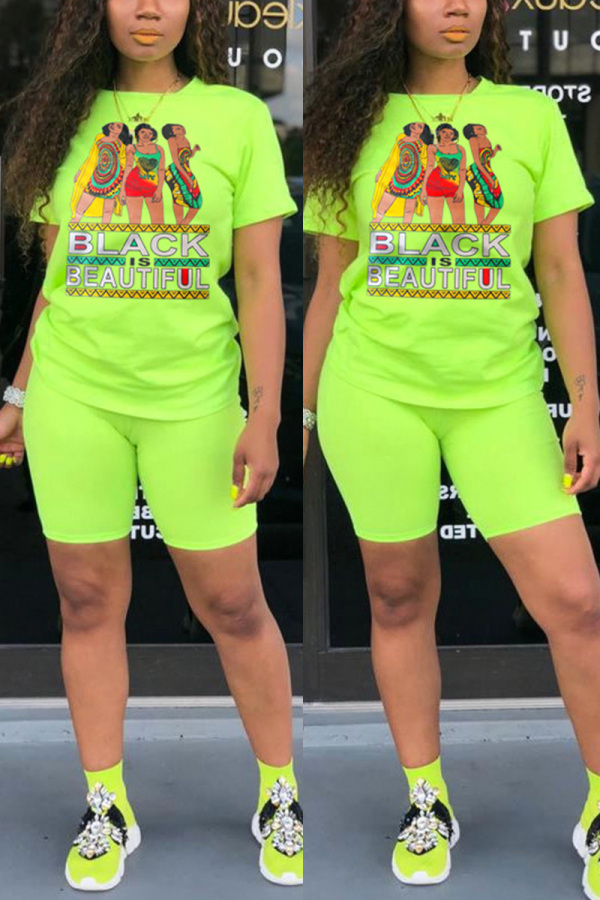 Fluorescent green Fashion Casual Printed Short Sleeve Sports Set