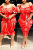 Red Sexy Plus Size Printed Off Shoulder Dress