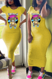 Yellow Fashion Cartoon Print Short Sleeve Dress