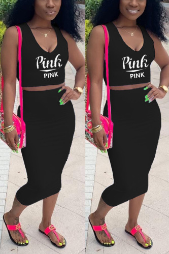Black Fashion Casual Printed Sleeveless Top Set