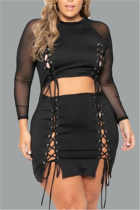 Black Sexy Plus Size Mesh Patchwork Skirt Set