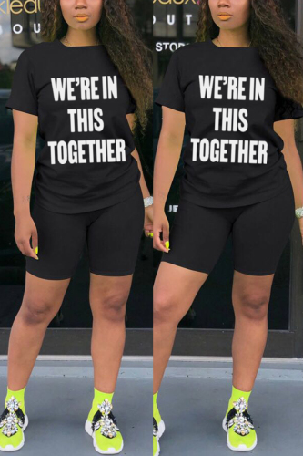 Black Fashion Casual Printed Short-sleeved Top Set