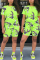 Fluorescent green Fashion Rabbit Print T-shirt Shorts Set