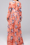 Blue Pink Bohemian Print Patchwork Fold V Neck Straight Dresses