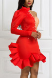 Red Sexy Single Shoulder Long Sleeve Ruffled Dress