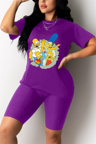 Purple Fashion Cartoon Printed T-shirt Shorts Set