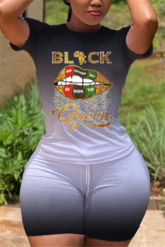 Black Fashion Casual Printed T-shirt Shorts Set