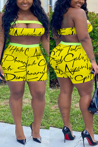 Yellow Sexy Printed Strapless Top Shorts Set