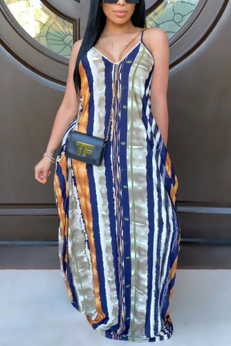 Dark Blue Sexy Striped Printed Sling Loose Dress