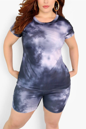 Grey Fashion Casual Printed Short Sleeve Shorts Set