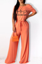 Orange Casual Print Patchwork O Neck Straight Jumpsuits