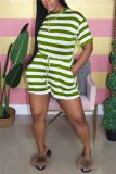 Green Casual Striped Printed Short Sleeved Romper