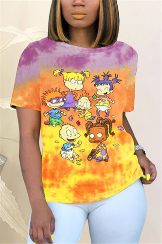 Orange Fashion Cartoon Print Short Sleeve T-shirt