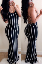 Black Sexy Striped Print Sling Backless Dress