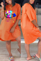 Orange Fashion Casual Lip Print Loose Dress