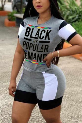 Grey Fashion Casual Printed T-shirt Shorts Set