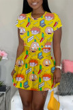 Yellow Sexy Fashion Printed Short-sleeved T-shirt Skirt Set
