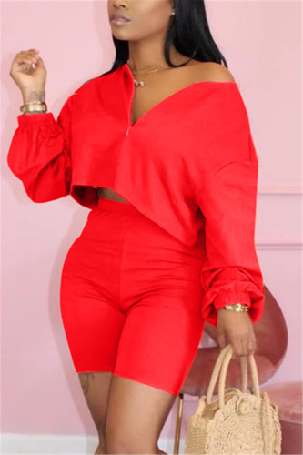 Red Fashion Casual Shorts Two-piece Set