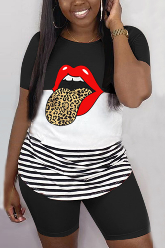 Black Fashion Casual Printed Short Sleeve Two-piece Set