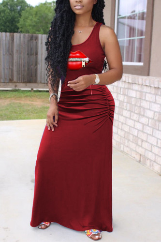 Wine Red Fashion Casual Printed Sleeveless Dress