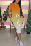 Yellow Fashion Gradient Printed Short Sleeve Dress