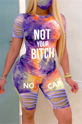 Purple Fashion Letter Print T-shirt Shorts Casual Set