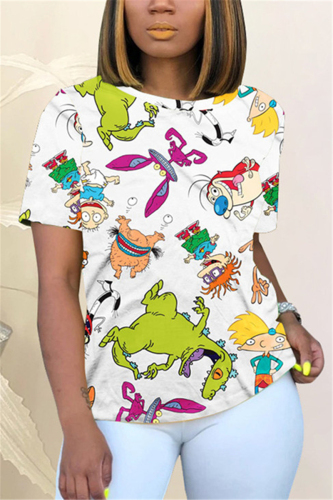 White Fashion Cartoon Print Short Sleeve T-shirt