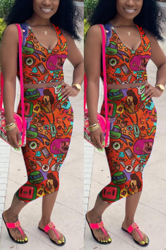 Red Fashion Sexy Printed Sleeveless Top Skirt Set