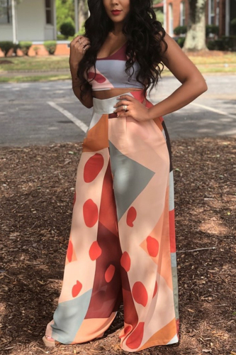 Multicolor Sexy Printed Strapless Wide Leg Pants Set