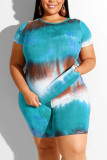 Blue Fashion Casual Printed Plus Size Shorts Two-piece Set