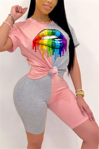 PinkGray Fashion Lips Print Patchwork T-shirt Set
