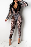Multicolor Fashion Sexy Print Perspective Long Sleeve Jumpsuit